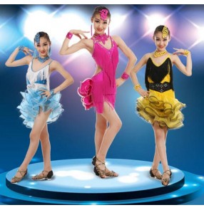 Blue and white fuchsia and black yellow and black hot pink purple violet neon green girls kids children  fringes performance latin salsa cha cha dance dresses outfits dancewear clothes